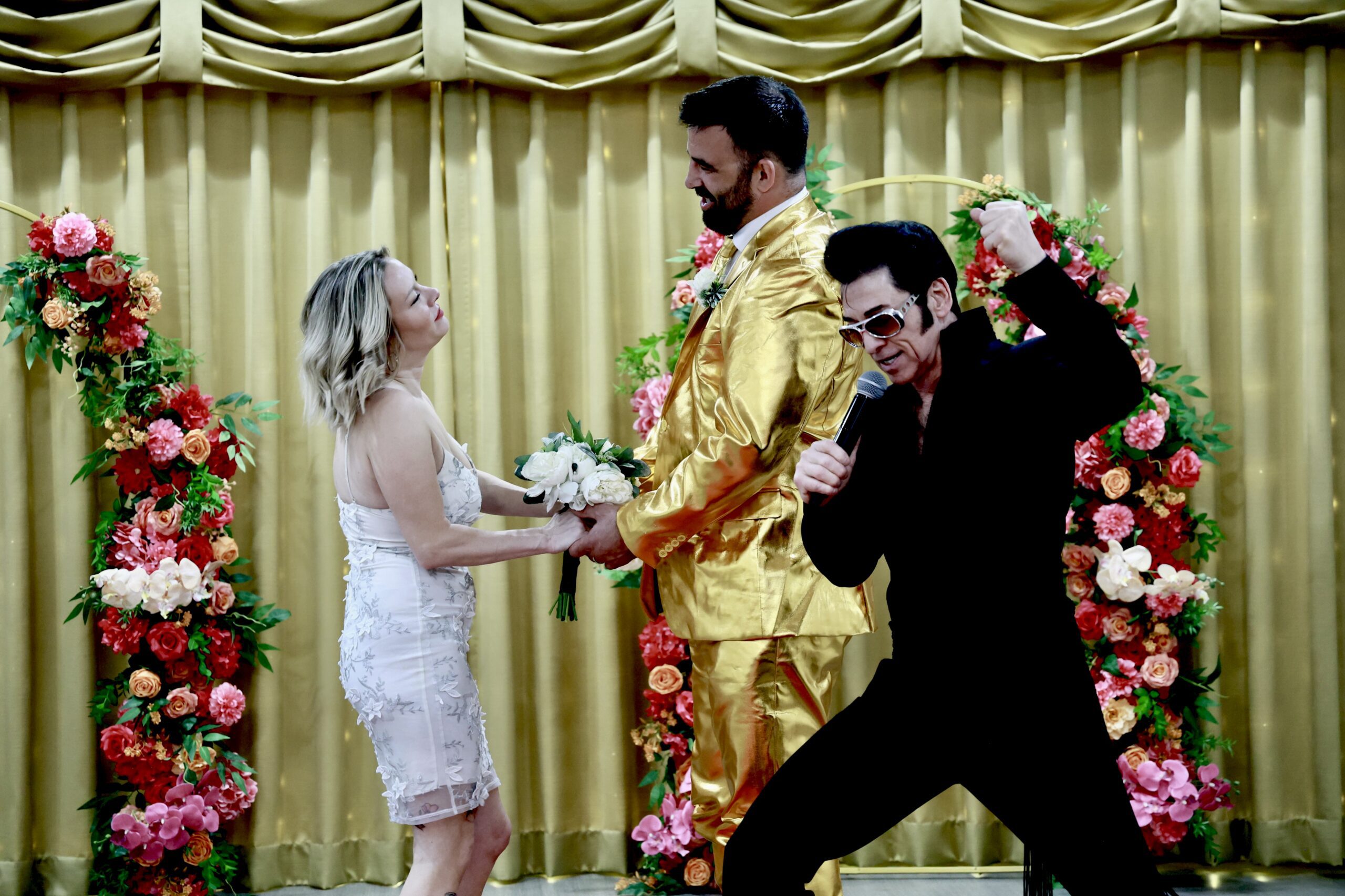 Elvis impersonator performing wedding ceremony in Las Vegas chapel