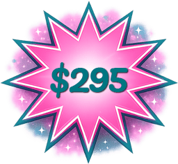 $295 promotion displayed in a vibrant, starburst graphic with a pink and blue color scheme, indicating a special offer.